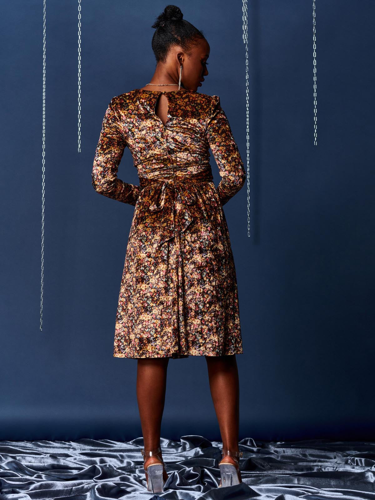 Floral Print Velvet Dress, Black Multi