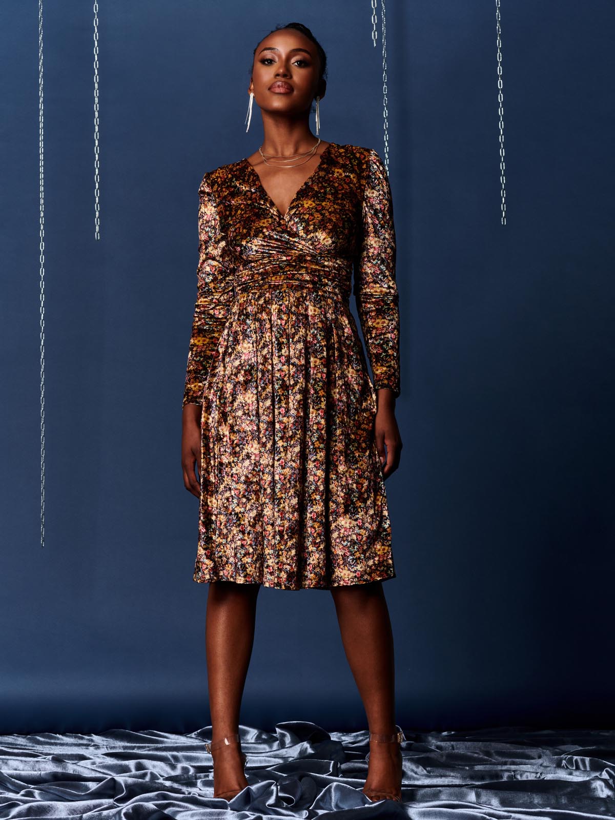 Floral Print Velvet Dress, Black Multi