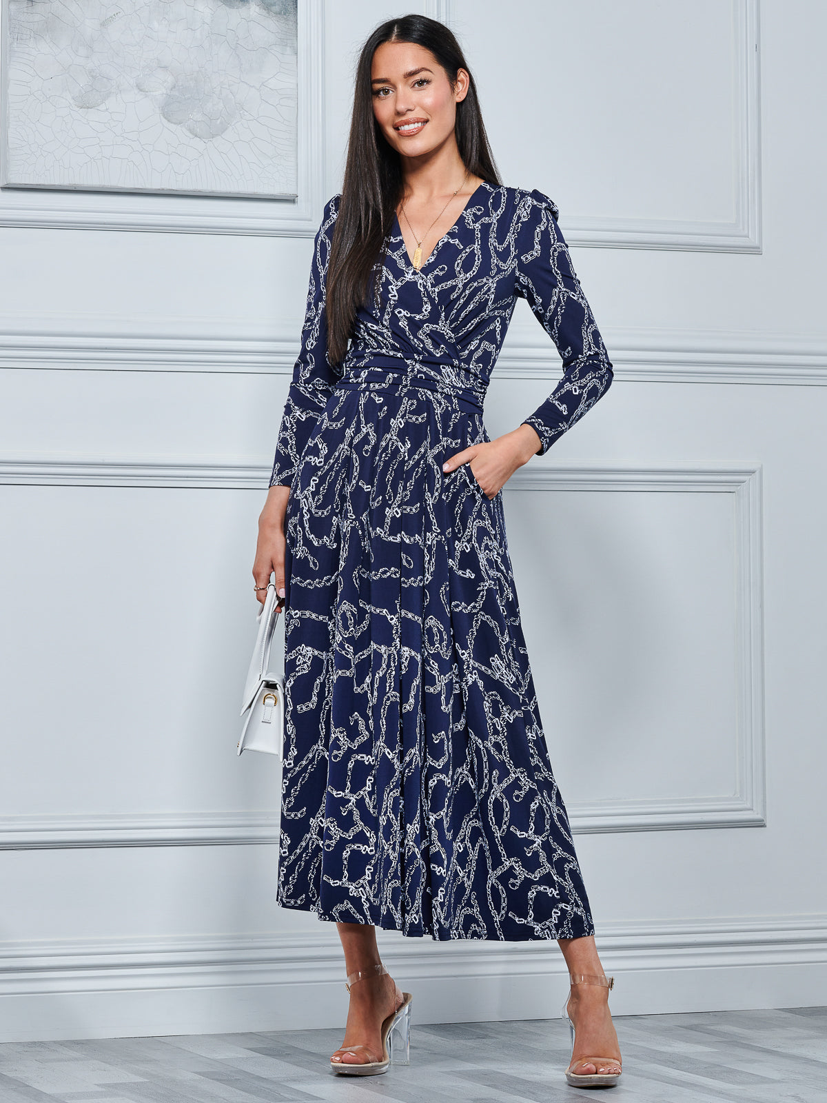 Chain Print Long Sleeve Maxi Dress, Navy