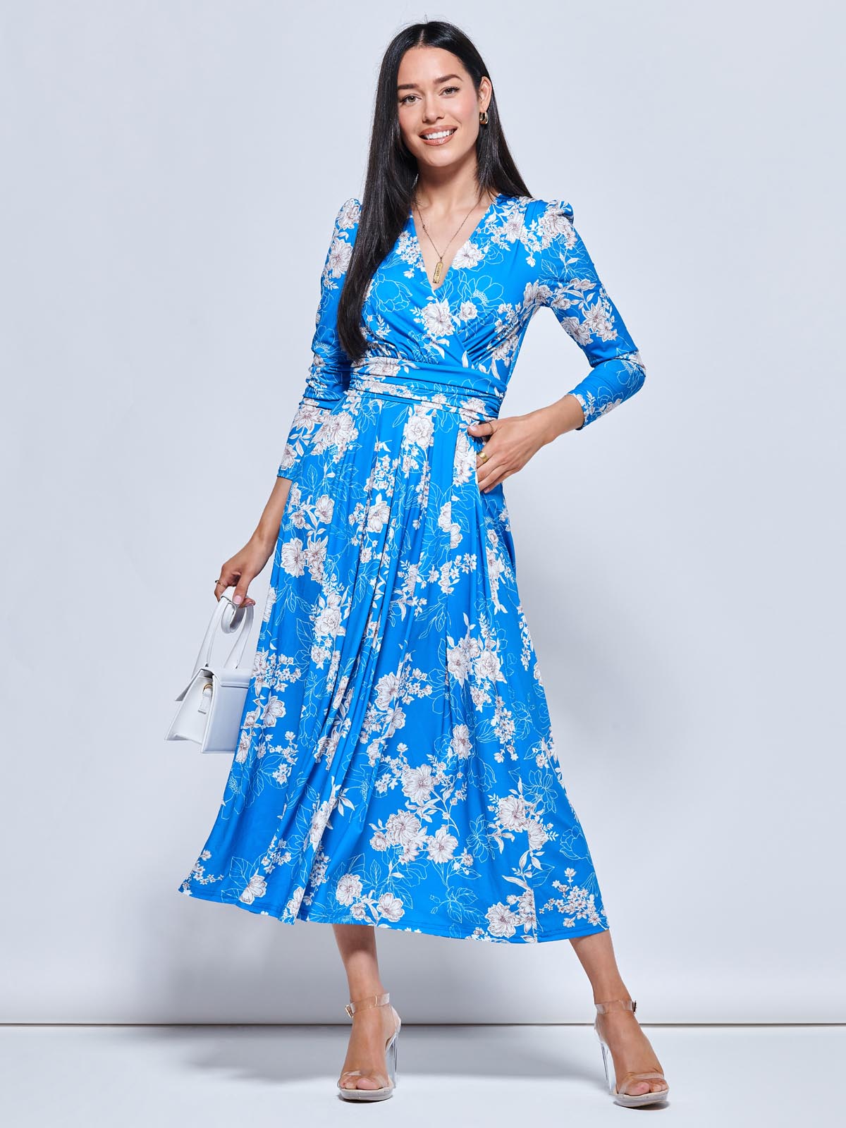 Devorah Printed Jersey Long Sleeve Maxi, Blue Floral