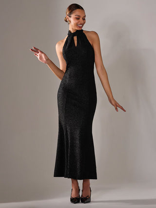 Halter Neck Fishtail Maxi Dress, Black