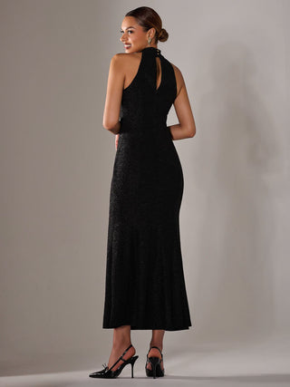Halter Neck Fishtail Maxi Dress, Black