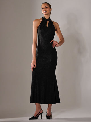 Halter Neck Fishtail Maxi Dress, Black