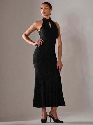 Halter Neck Fishtail Maxi Dress, Black