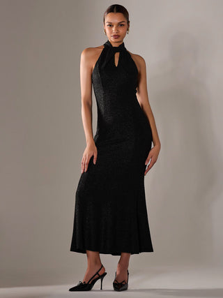 Halter Neck Fishtail Maxi Dress, Black