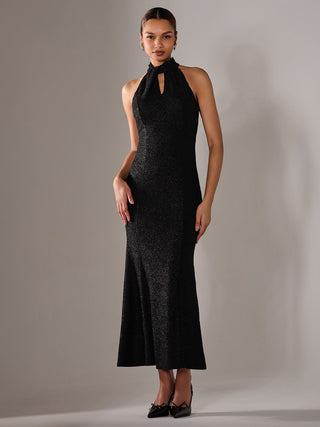 Halter Neck Fishtail Maxi Dress, Black