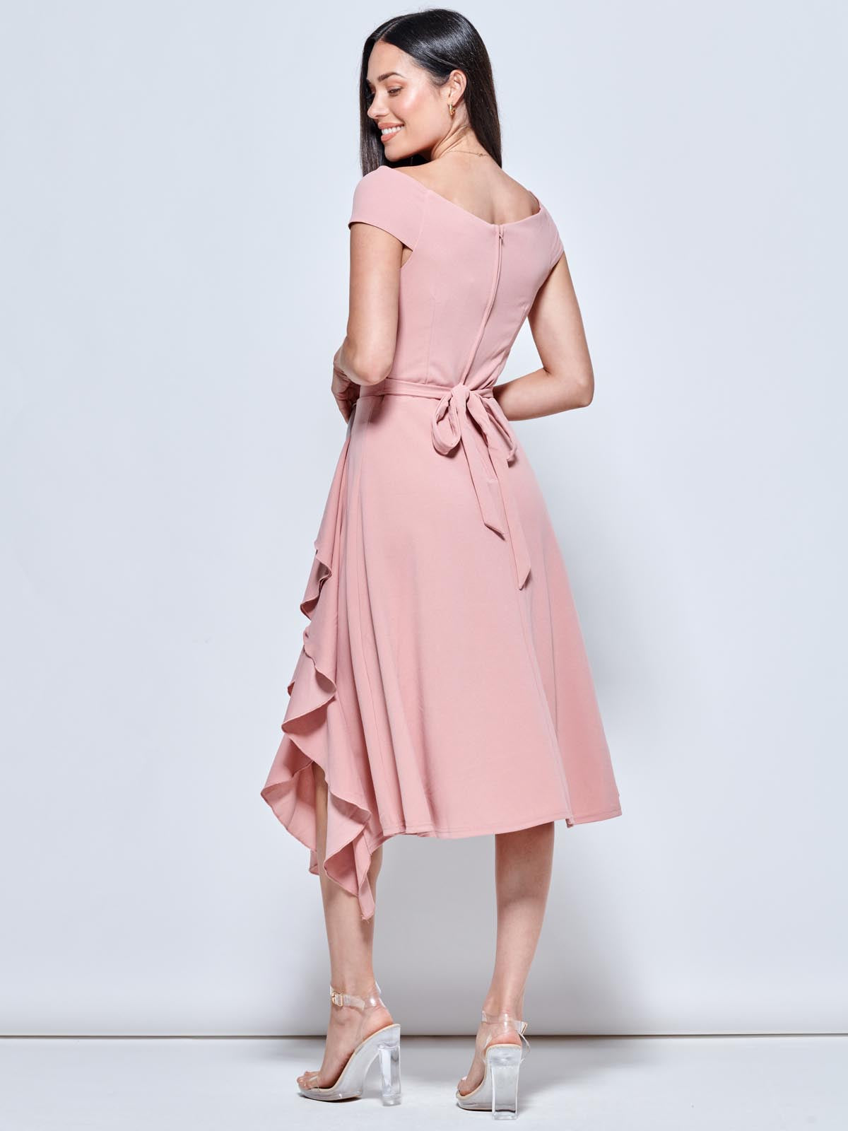 Skylar Off Shoulder Ruffle Hem Dress, Dusty Pink