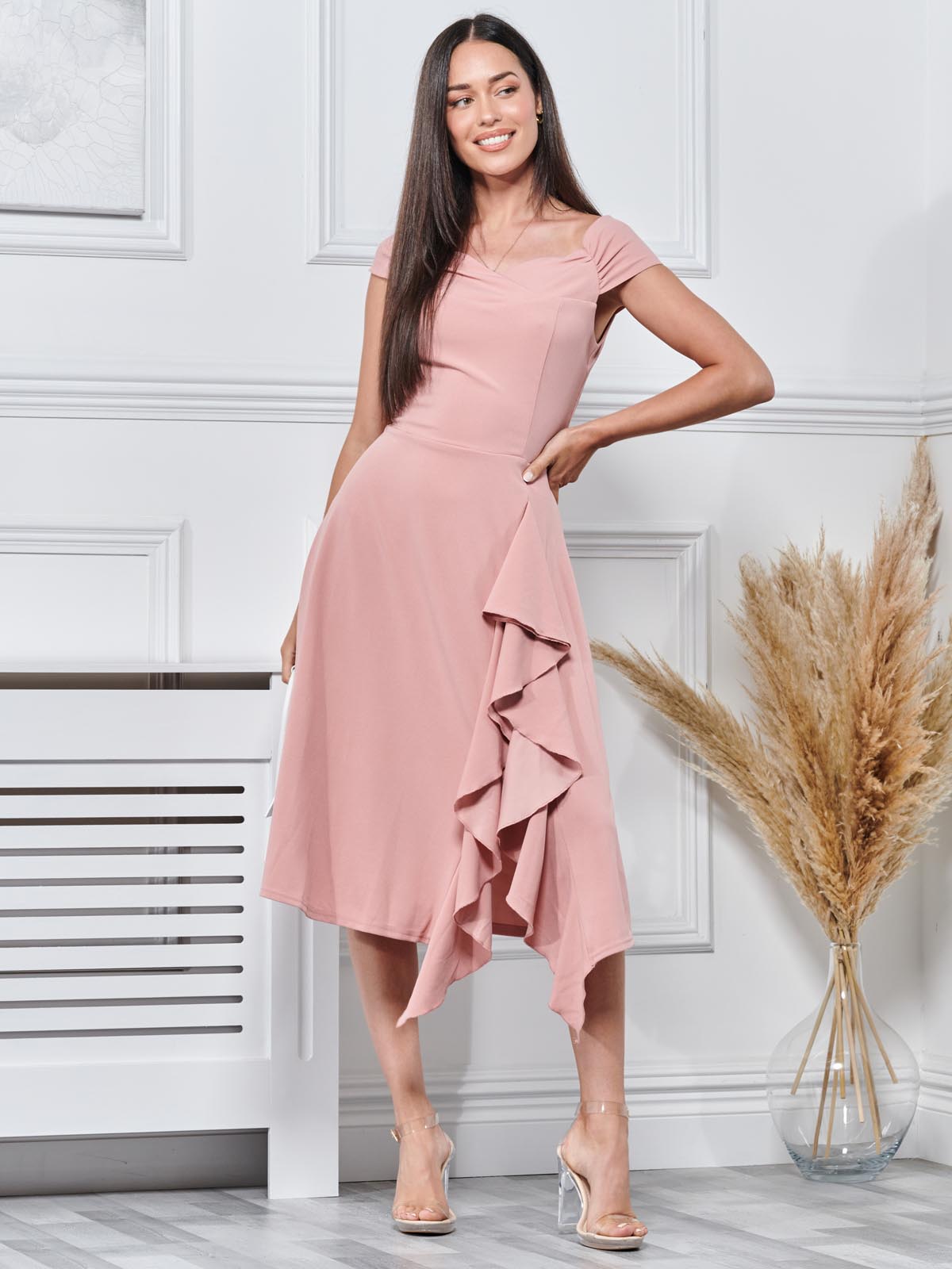 Skylar Off Shoulder Ruffle Hem Dress, Dusty Pink