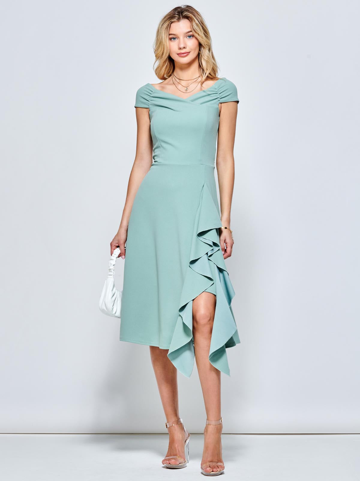 Skylar Off Shoulder Ruffle Hem Dress, Mint Green