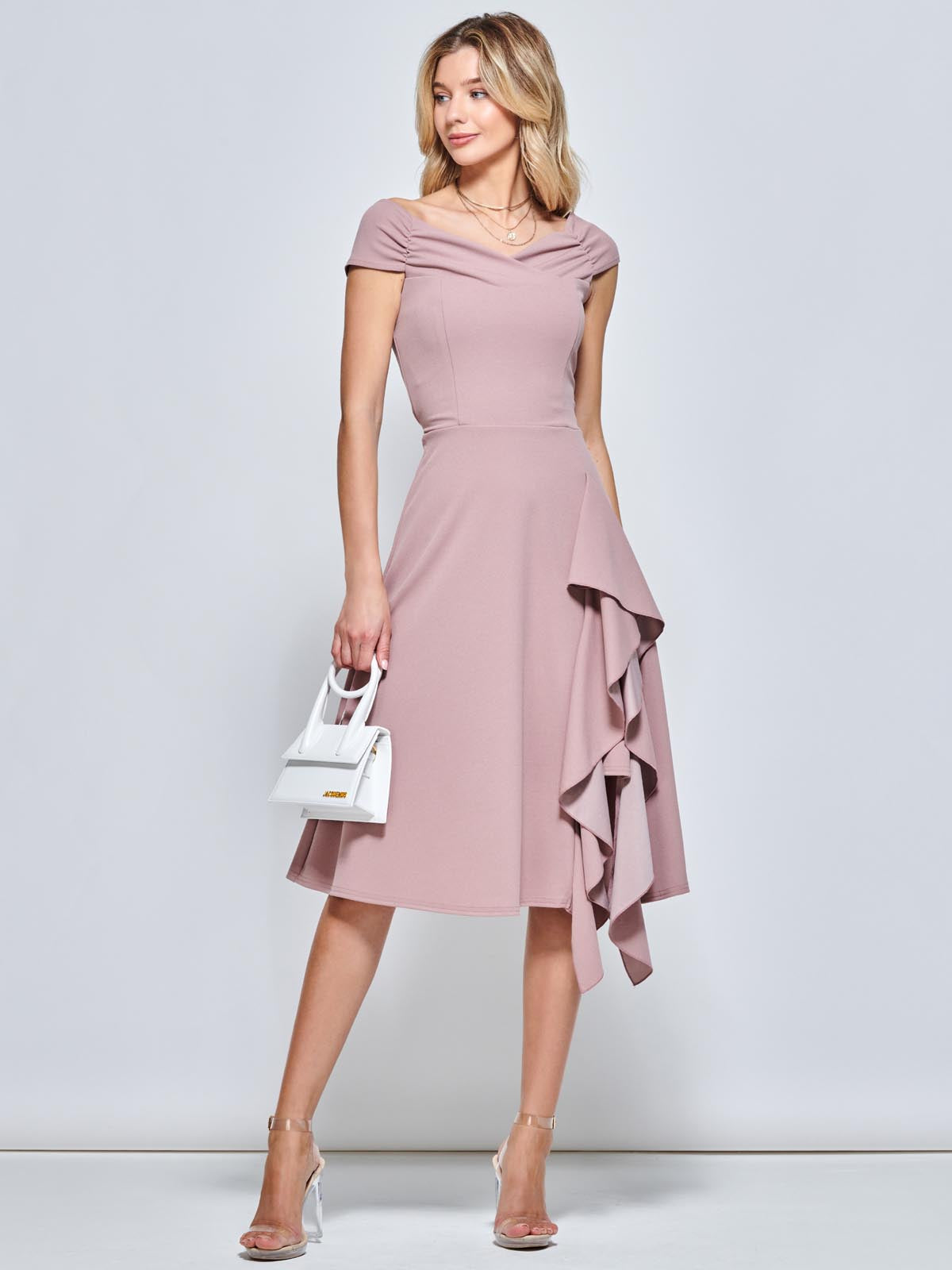 Skylar Off Shoulder Ruffle Hem Dress, Nude