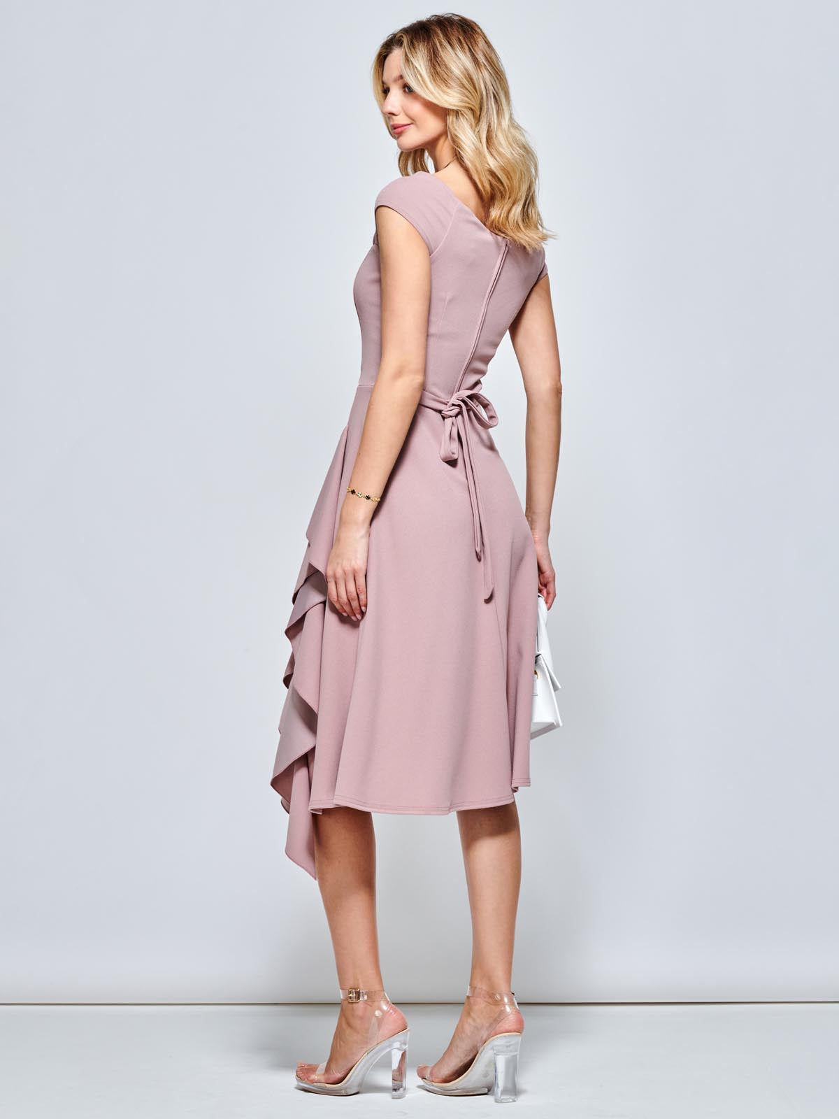 Skylar Off Shoulder Ruffle Hem Dress, Nude