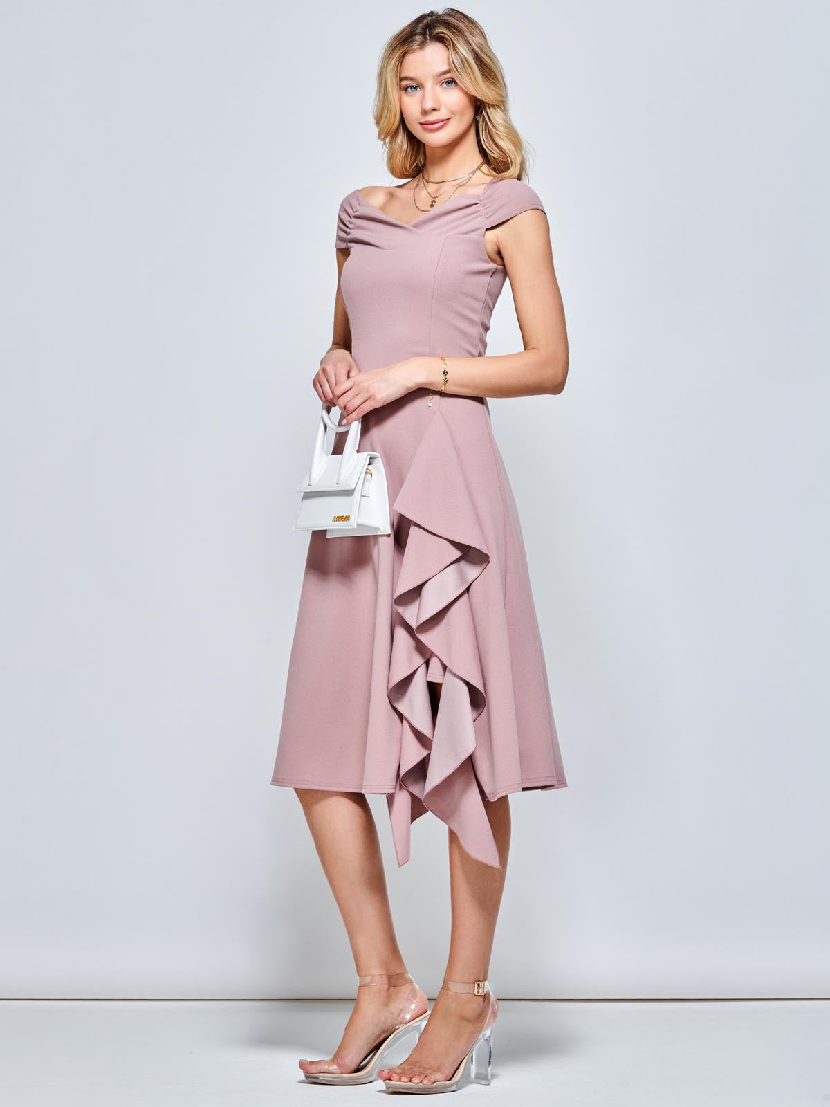 Skylar Off Shoulder Ruffle Hem Dress, Nude