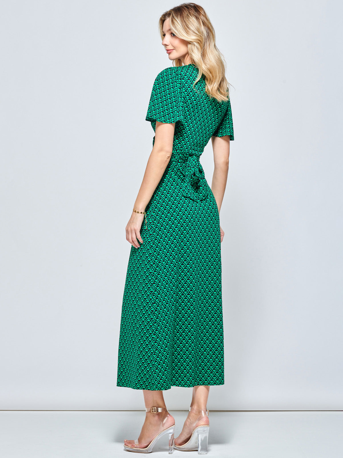 Plunge Neck Twist Front Maxi Dress, Green Geo