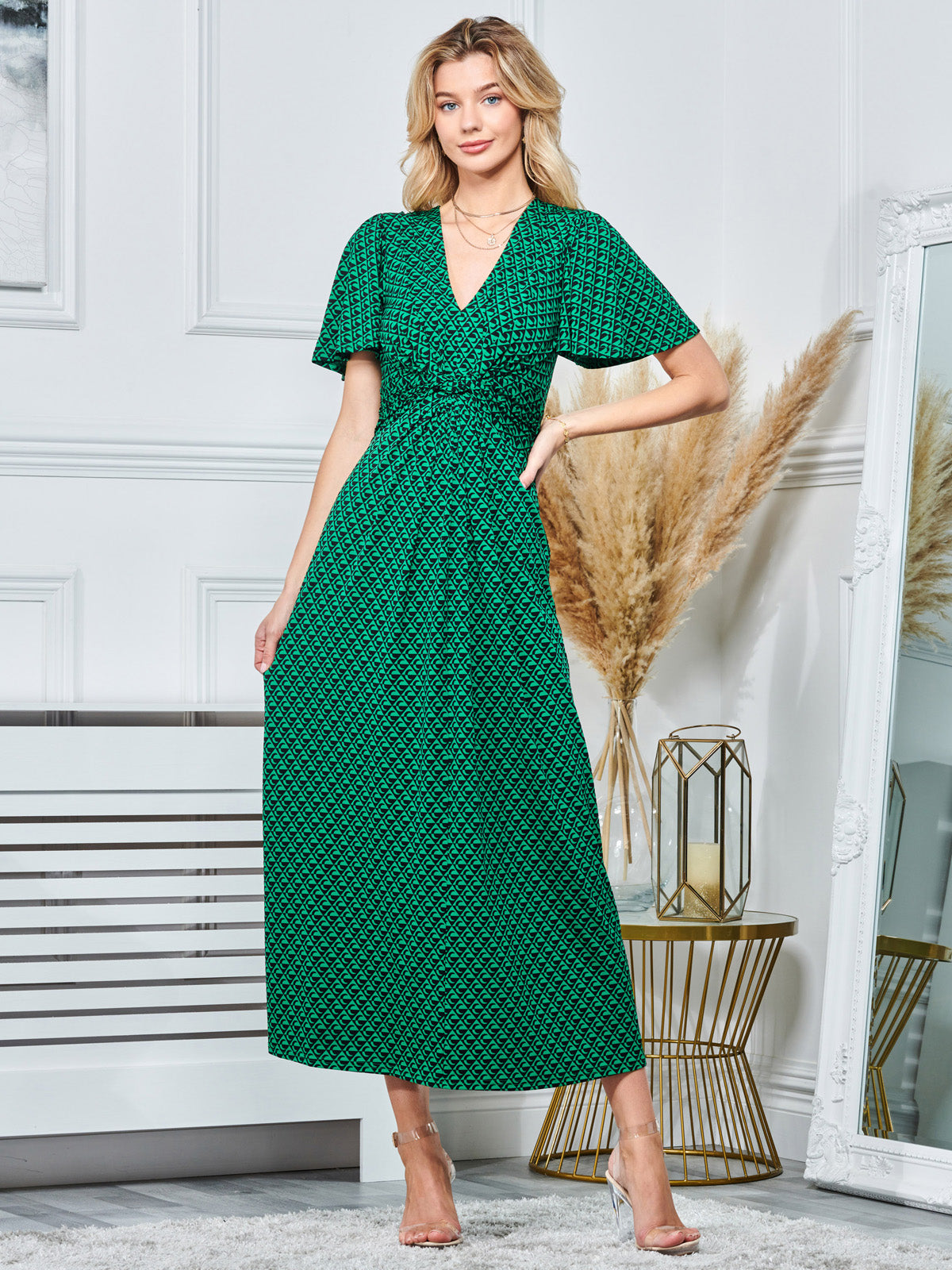 Plunge Neck Twist Front Maxi Dress, Green Geo