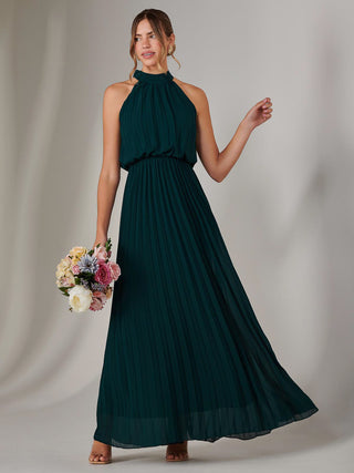 Pleated Bridesmaids Maxi Dress, Dark Green