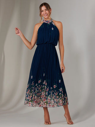 Pleated Halterneck Maxi Dress, Navy Floral