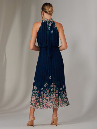 Pleated Halterneck Maxi Dress, Navy Floral