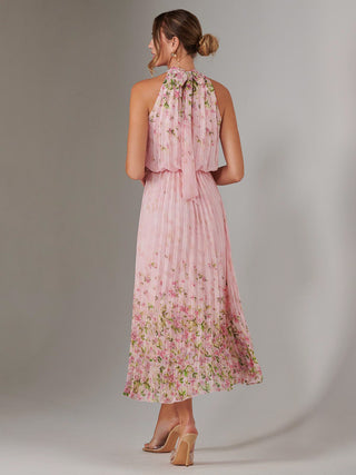 Pleated Halterneck Maxi Dress, Pink Floral