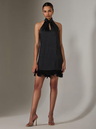 Satin Halterneck Mini Dress, Black