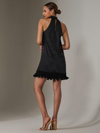 Satin Halterneck Mini Dress, Black