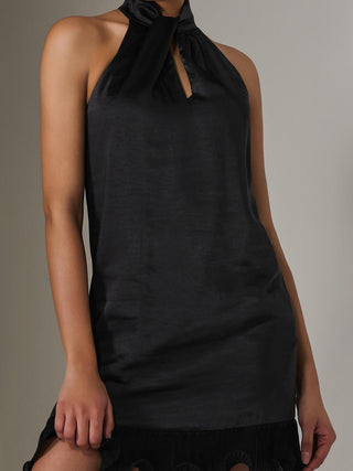 Satin Halterneck Mini Dress, Black