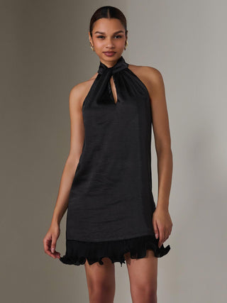 Satin Halterneck Mini Dress, Black