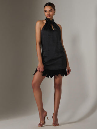 Satin Halterneck Mini Dress, Black