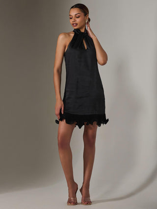 Satin Halterneck Mini Dress, Black