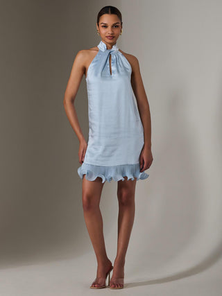Satin Halterneck Mini Dress, Blue