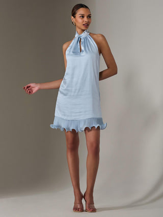 Satin Halterneck Mini Dress, Blue