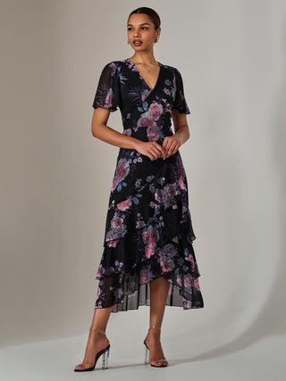 Mesh Print Frill Hem Midaxi Dress, Black Floral
