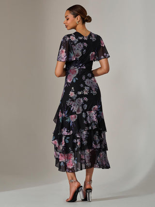 Mesh Print Frill Hem Midaxi Dress, Black Floral