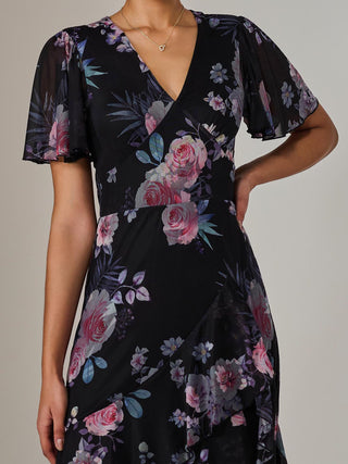 Mesh Print Frill Hem Midaxi Dress, Black Floral