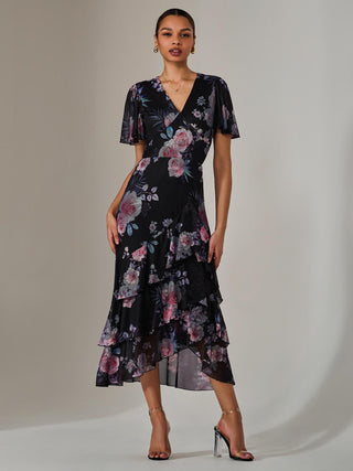 Mesh Print Frill Hem Midaxi Dress, Black Floral
