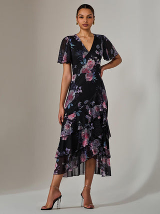 Mesh Print Frill Hem Midaxi Dress, Black Floral