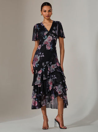 Mesh Print Frill Hem Midaxi Dress, Black Floral