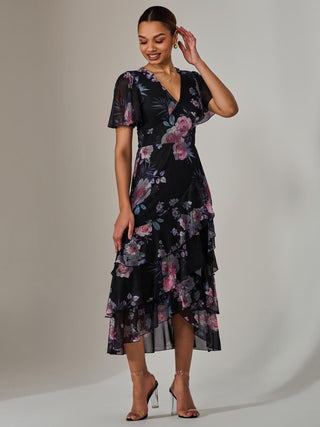 Mesh Print Frill Hem Midaxi Dress, Black Floral