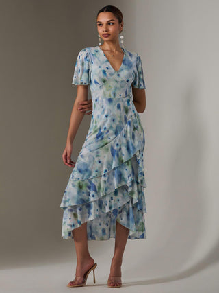 Mesh Print Frill Hem Midaxi Dress, Blue Abstract