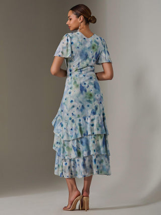 Mesh Print Frill Hem Midaxi Dress, Blue Abstract