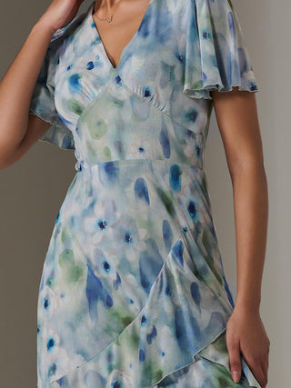 Mesh Print Frill Hem Midaxi Dress, Blue Abstract