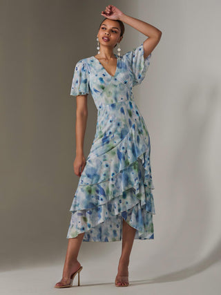 Mesh Print Frill Hem Midaxi Dress, Blue Abstract