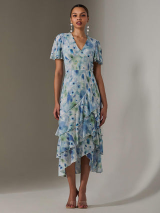 Mesh Print Frill Hem Midaxi Dress, Blue Abstract