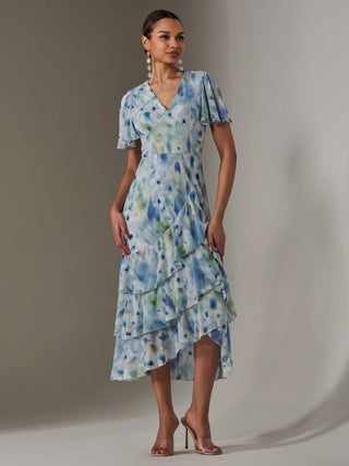 Mesh Print Frill Hem Midaxi Dress, Blue Abstract
