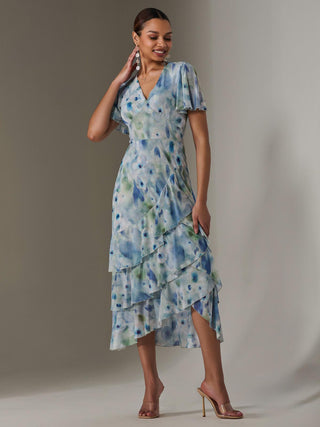 Mesh Print Frill Hem Midaxi Dress, Blue Abstract
