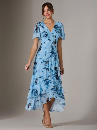 Mesh Print Frill Hem Midaxi Dress, Blue Floral