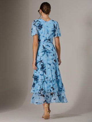 Mesh Print Frill Hem Midaxi Dress, Blue Floral