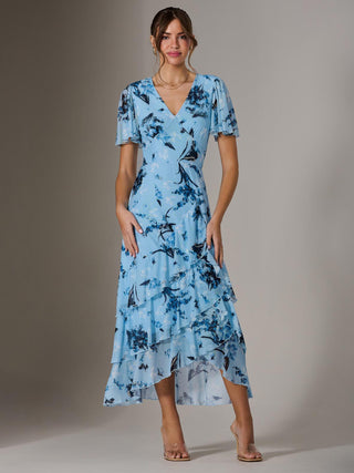 Mesh Print Frill Hem Midaxi Dress, Blue Floral