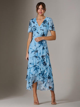 Mesh Print Frill Hem Midaxi Dress, Blue Floral