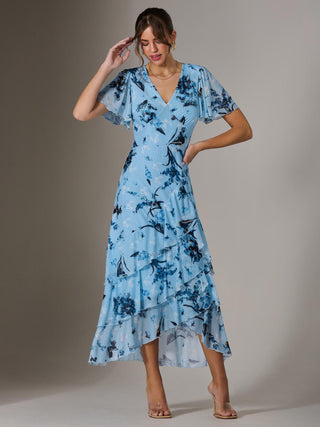 Mesh Print Frill Hem Midaxi Dress, Blue Floral