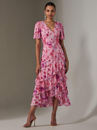 Mesh Print Frill Hem Midaxi Dress, Pink Abstract